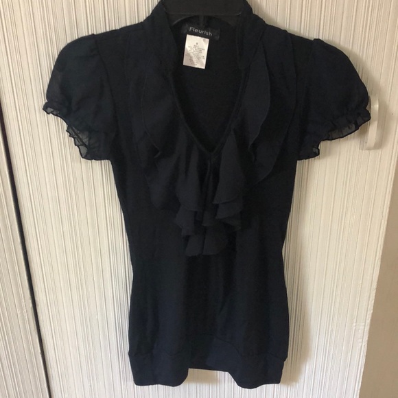 Fleurish Tops - NWOT Fleurish Navy Ruffled Top Sheer Sleeves